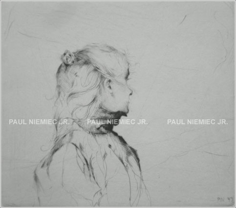 Half Ponytail, etchings and dry points by Paul Niemiec Jr. Running Wind Studio