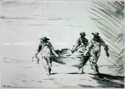 Three Wise Fishermen, etchings and dry points by Paul Niemiec Jr. Running Wind Studio